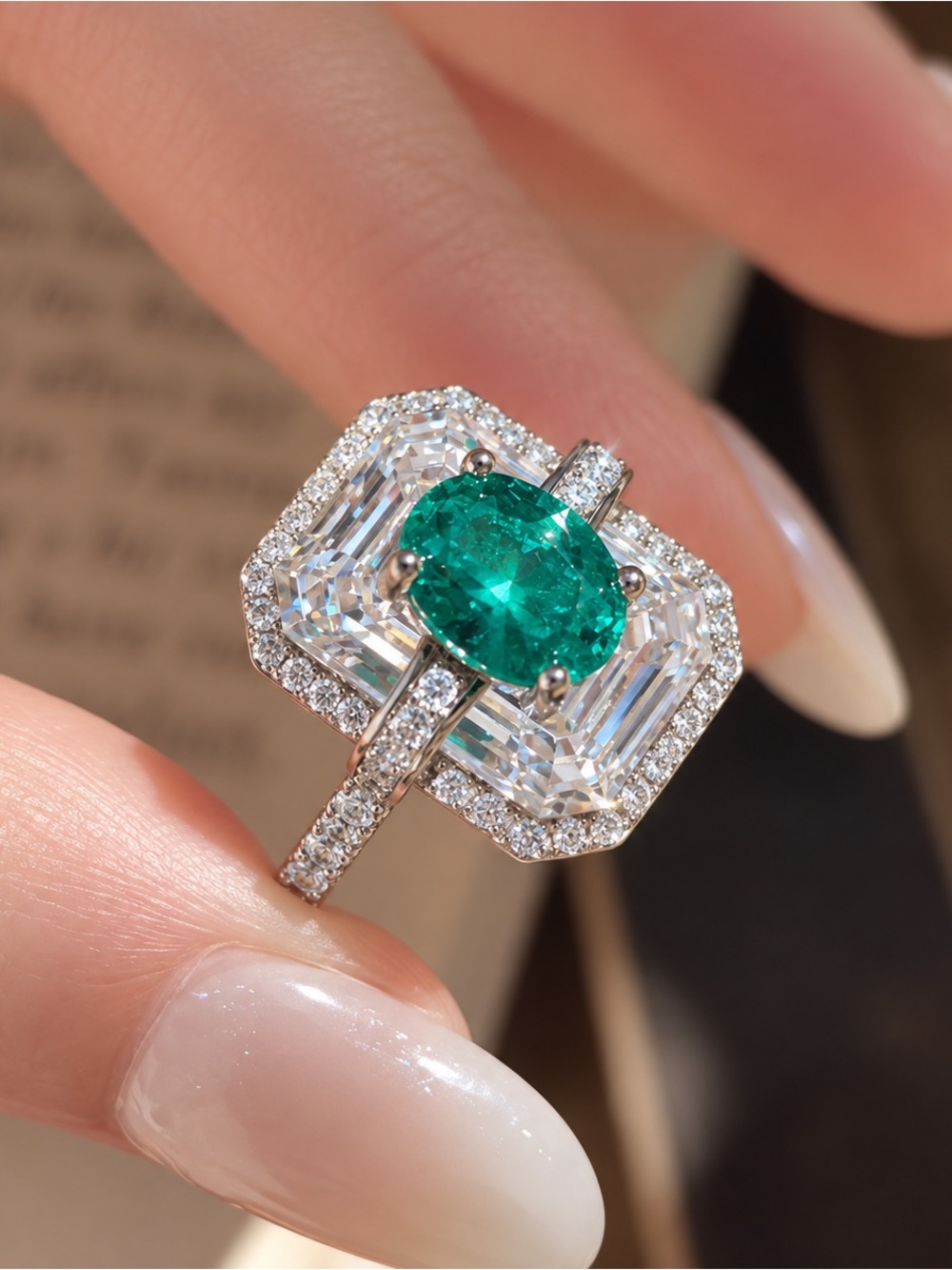 Green CZ Statement Ring White Gold Plated Adjustable Cocktail Ring